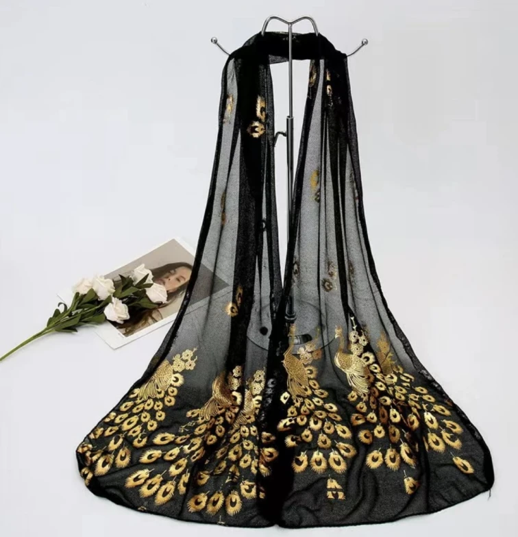 2025年春季新款金孔雀文艺丝巾气质优雅新中式旗袍外搭披肩