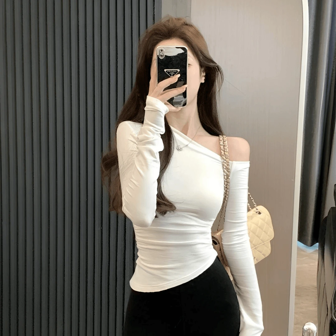 韩系气质白色斜肩长袖T恤秋季小个子修身显瘦百搭上衣