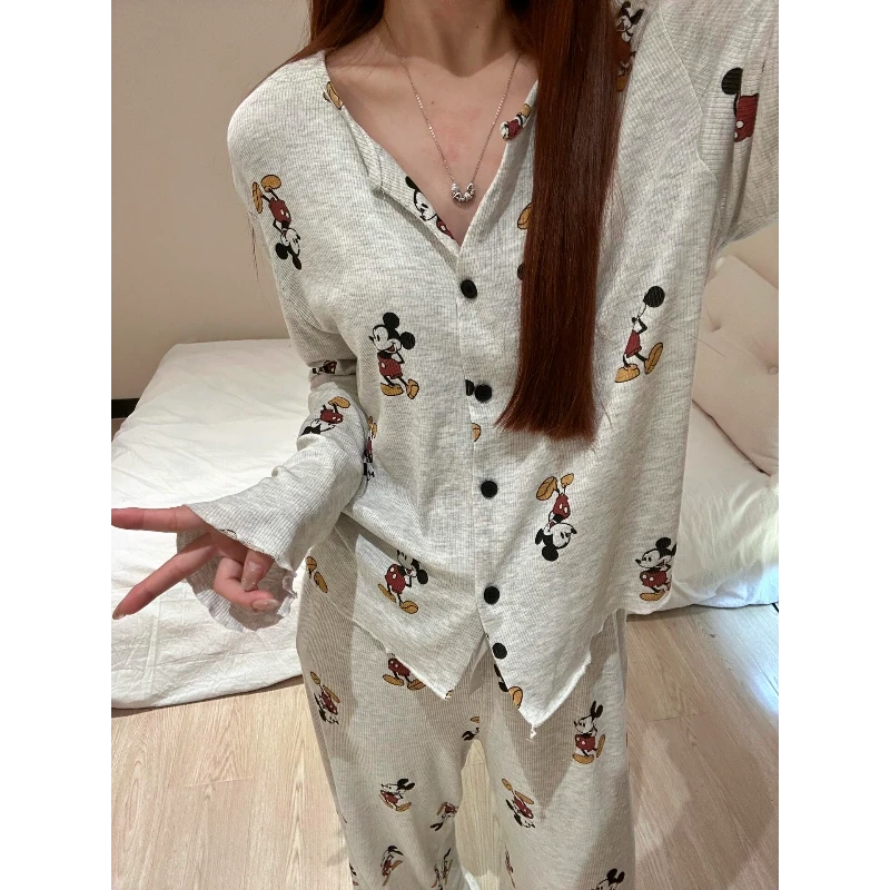 卡通米奇印花韩版睡衣女套装春秋新款高级感长袖长裤家居服可外穿