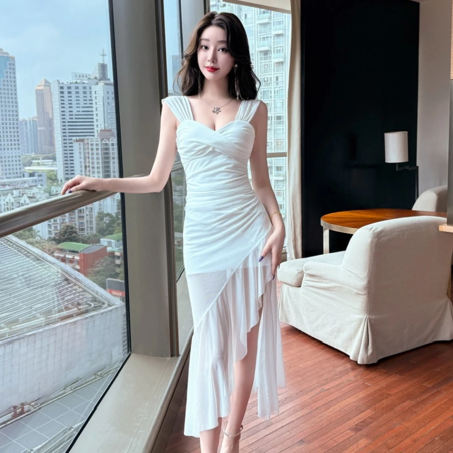 法式名媛网纱透视吊带连衣裙高级性感气质收腰显瘦不规则礼服长裙