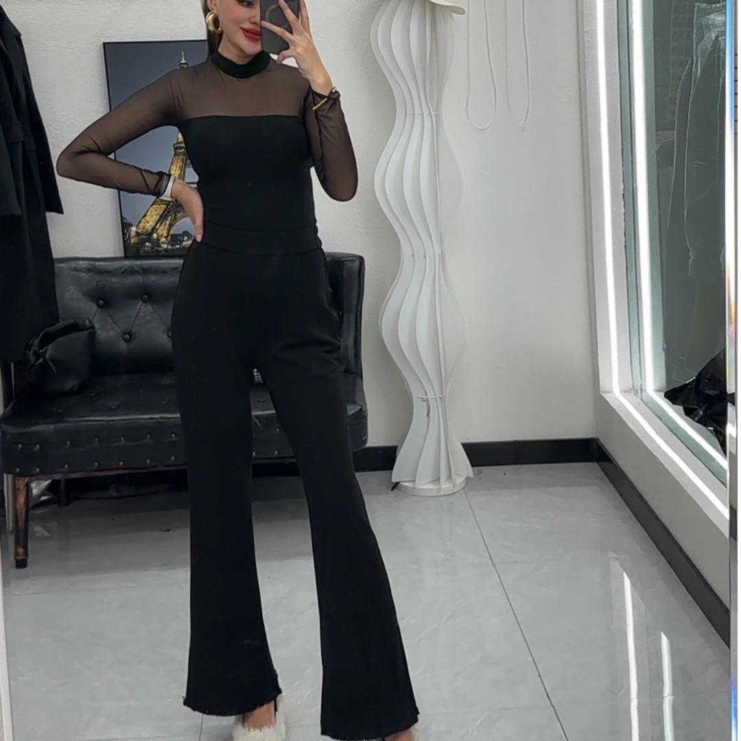 2025爆款黑色西装显瘦带弹性松紧腰喇叭裤