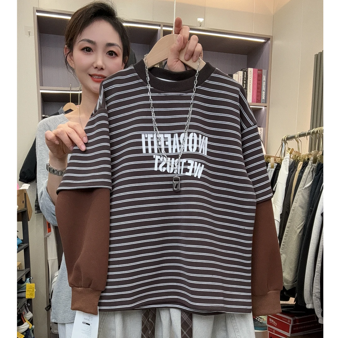 儿童条纹卫衣秋季男童女童韩版洋气字母印花拼接假两件休闲T恤衫