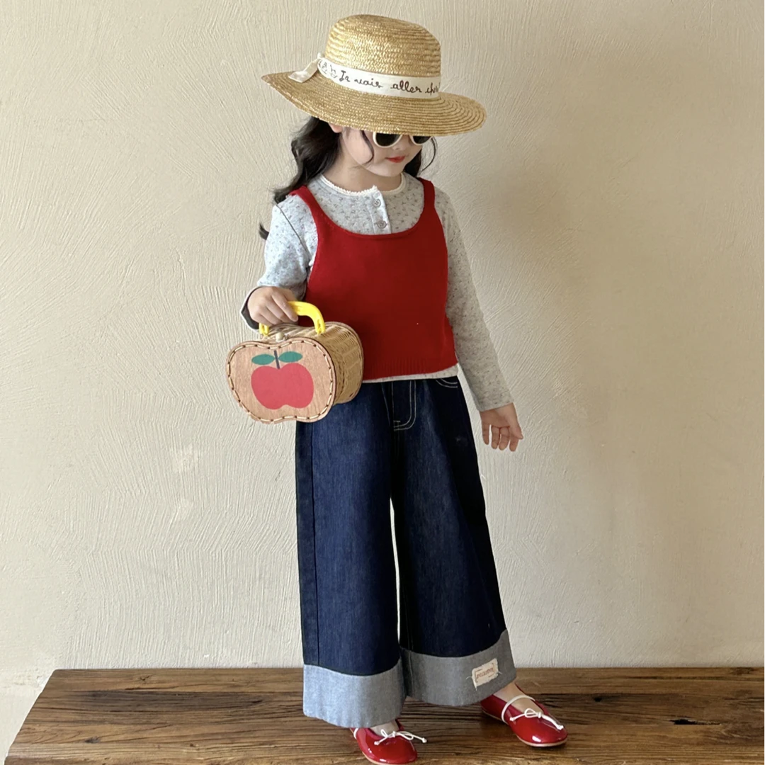 2025春季新款女童韩系套装儿童碎花长袖上衣针织背心直筒裤牛仔裤
