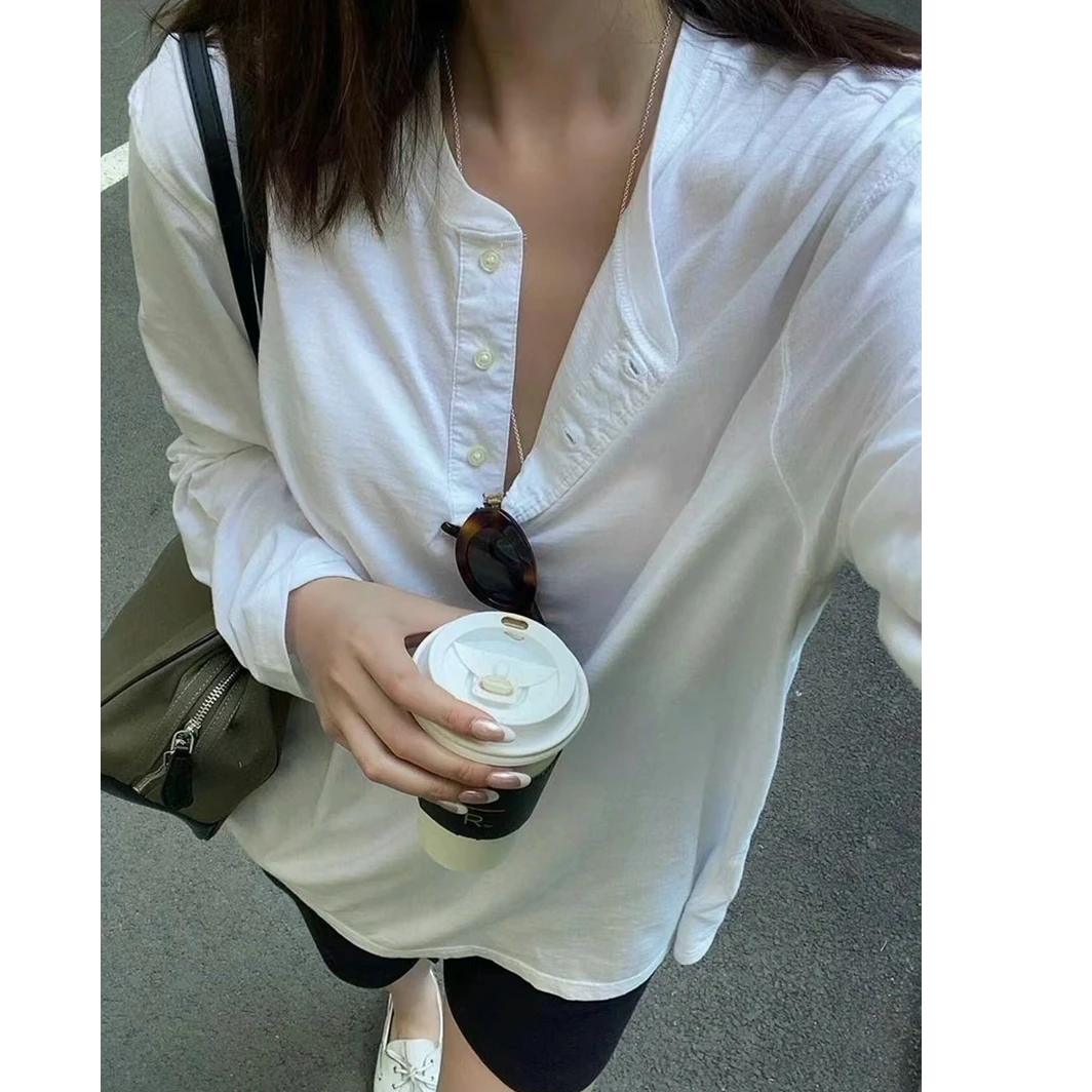 宝丫轻奢  情侣款男女美式百搭三粒扣亨利领长袖T恤上衣K3740