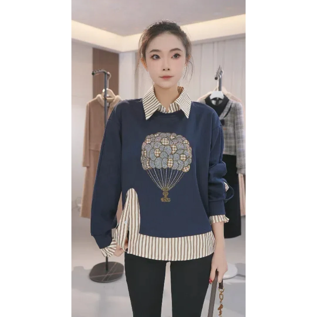 X假两件卫衣女2025春季新款重工热气球高级感百搭上衣