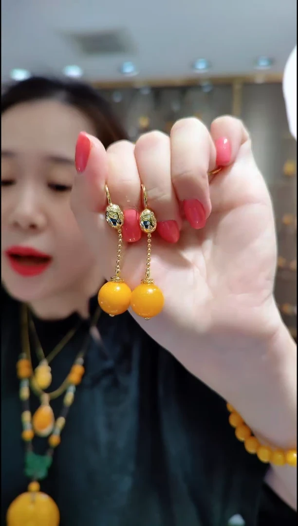蜜蜡银S925镀金镶嵌珠宝奇石﹣F649蜜蜡耳坠