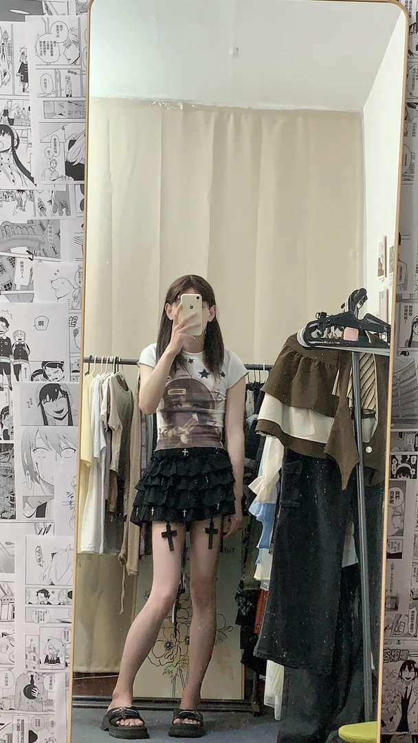 黑色朋克辣妹半身裙暗黑十字架设计短裙蛋糕裙蓬蓬裙防走光显瘦