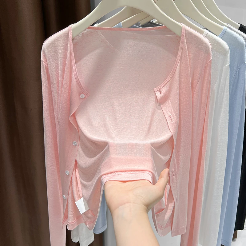 粉色圆领洋气开衫软糯百搭小外套休闲上衣女夏季漂亮减龄长袖披肩