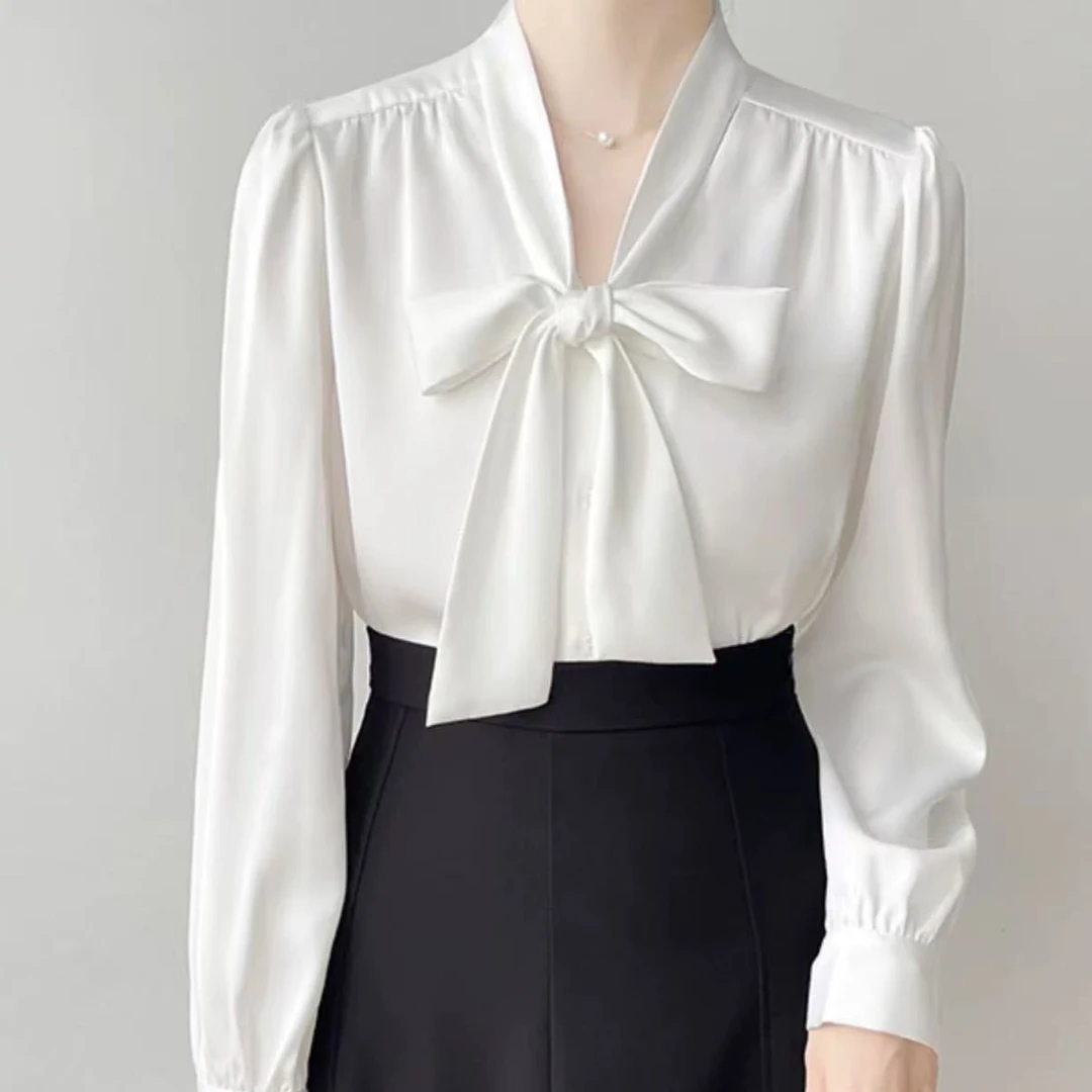 2025春秋新款法式蝴蝶结高端缎面衬衫女纯色百搭时尚洋气职业衬衣