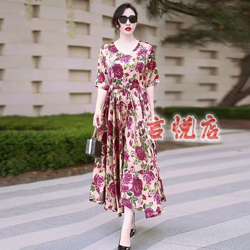 524-82大码真丝花色连衣裙新款抽绳收腰显瘦大摆洋气减龄气质长裙