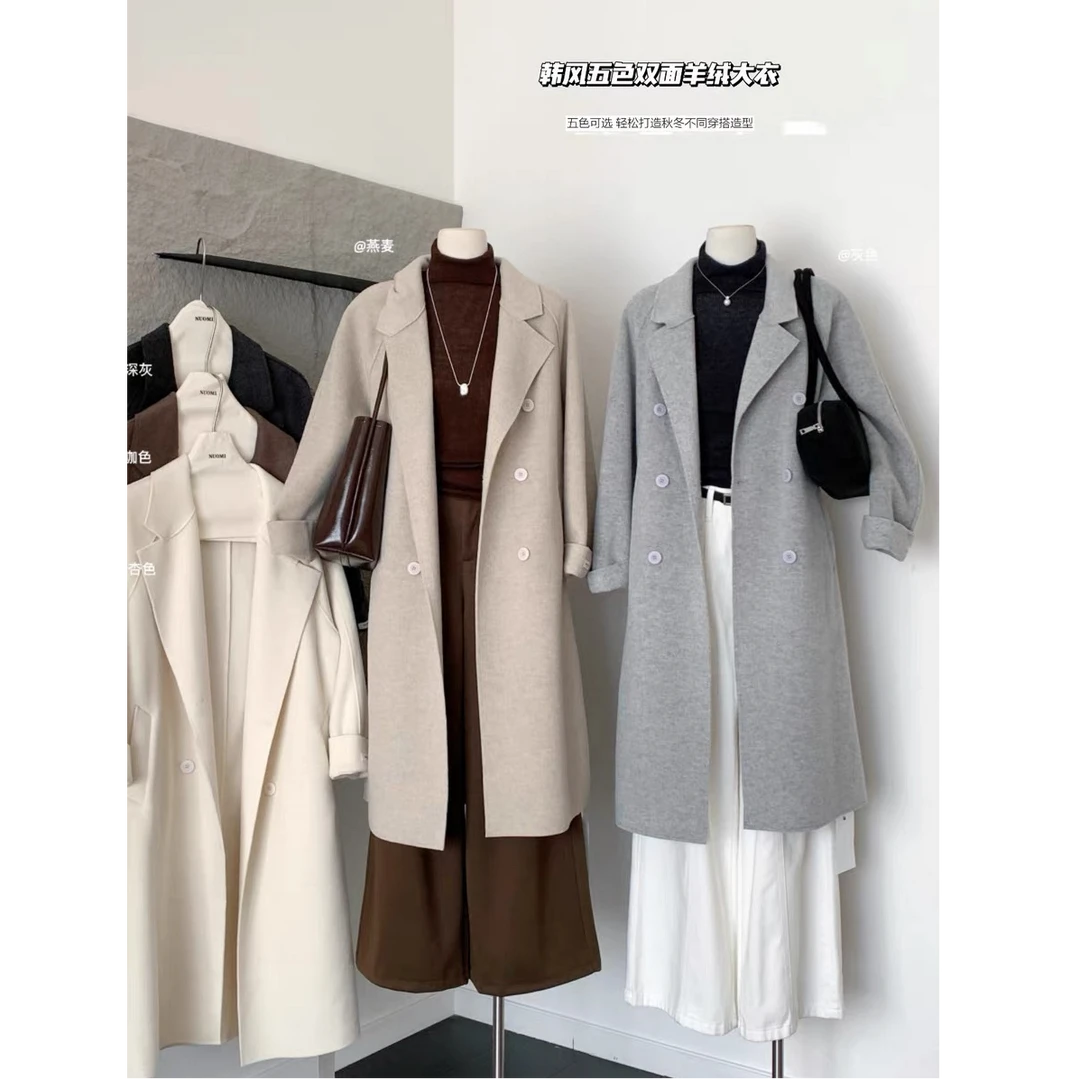 双面绒呢大衣2024年秋冬新款韩系宽松百搭中长款系带毛呢外套女