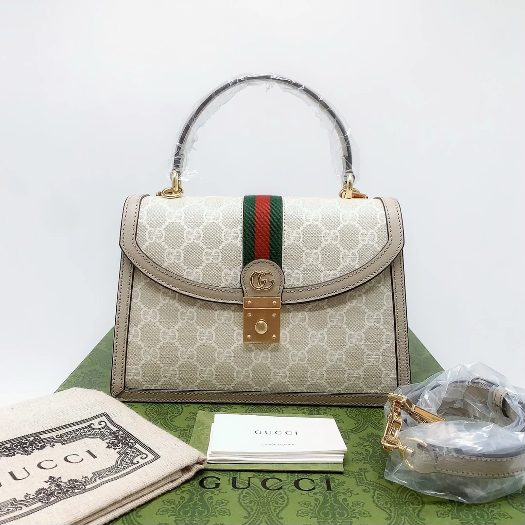 95新 GUCCI/古驰 白色老花手提单肩包C21909 9035