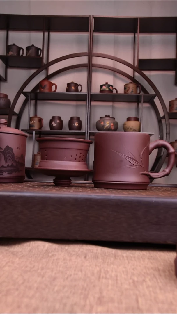 茶杯紫砂手工贴竹叶三件套450-500CC