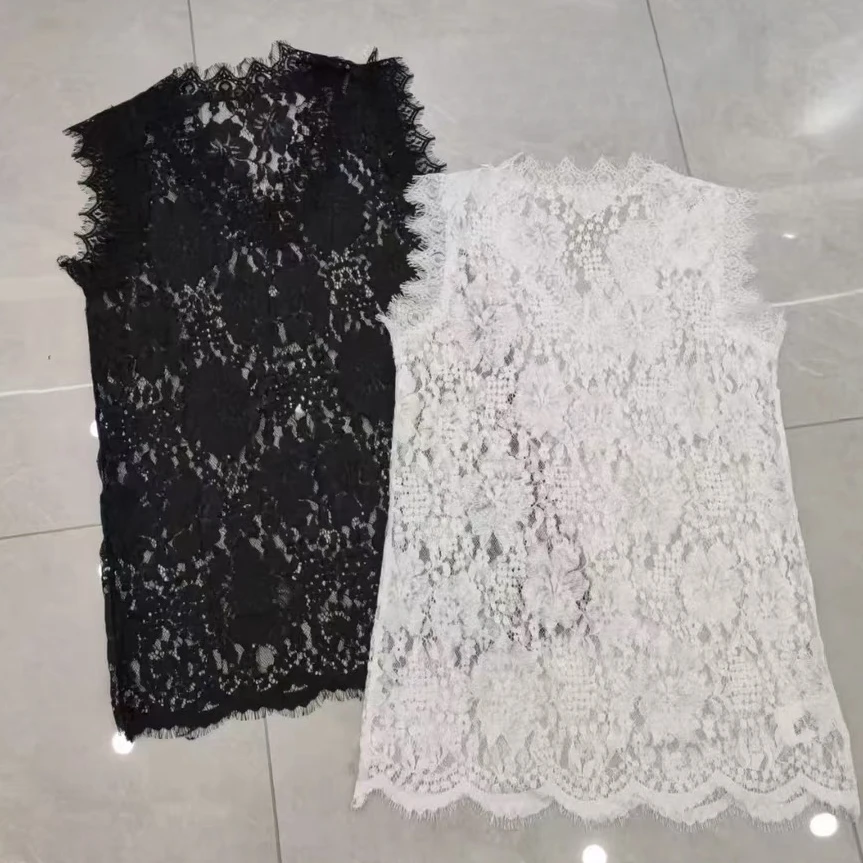 8161#春夏新款女装高级感蕾丝连衣裙中长款衬衫减龄无袖百搭上衣