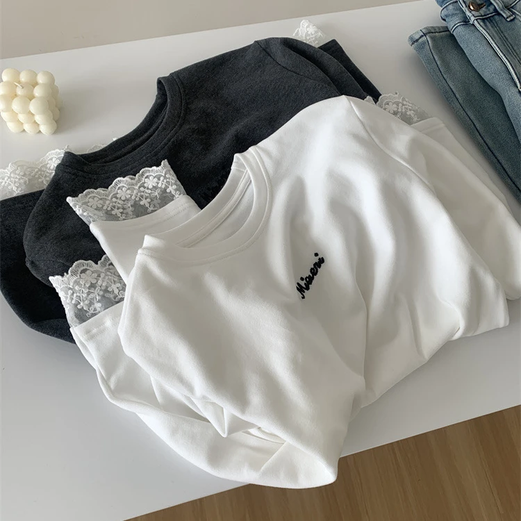 【蕾丝拼接】云朵绒气质百搭长袖打底衫韩系内搭外穿显瘦磨毛T恤女