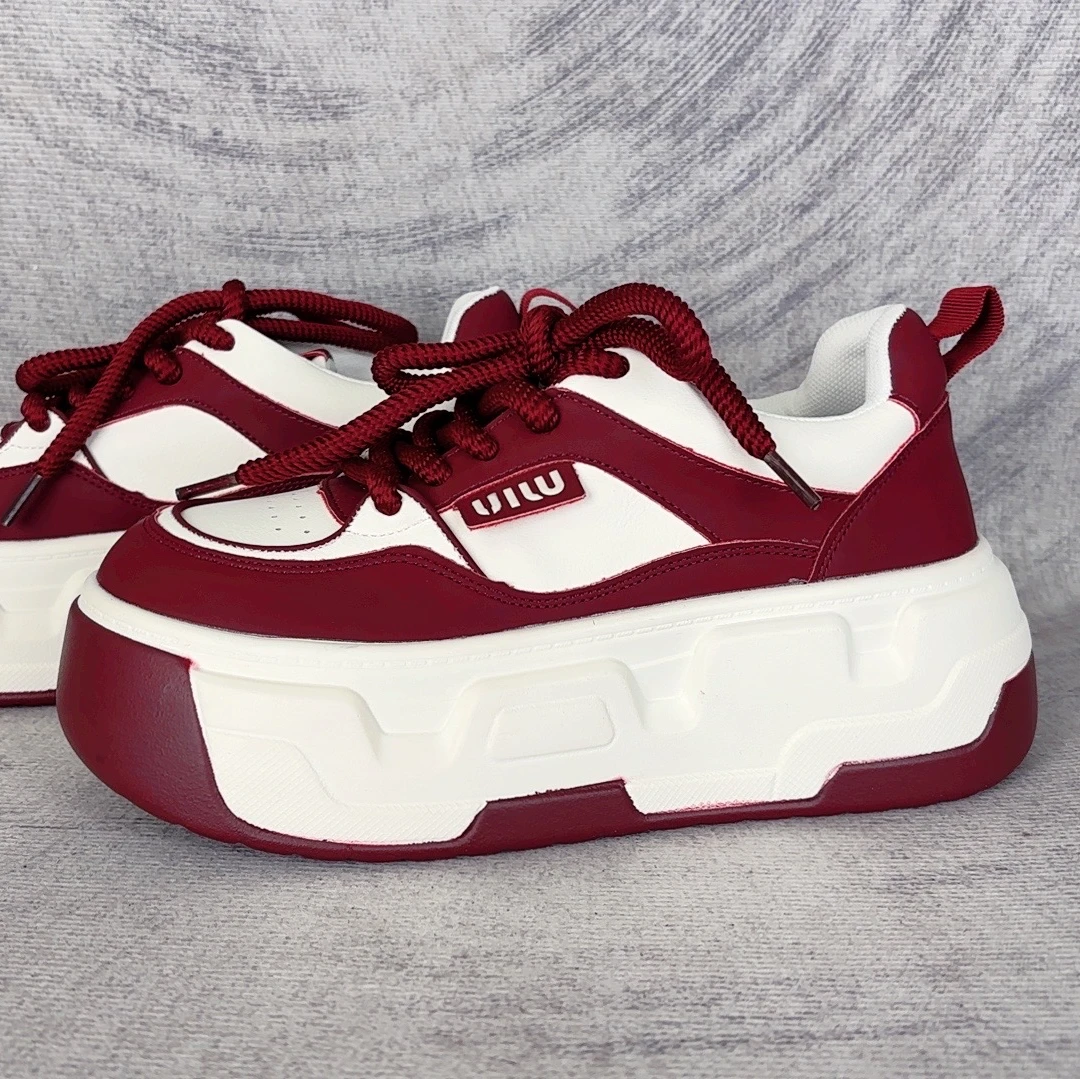 真皮厚底 松糕小白鞋 女25新款秋冬 休闲鞋女鞋增高板鞋 圆头系带