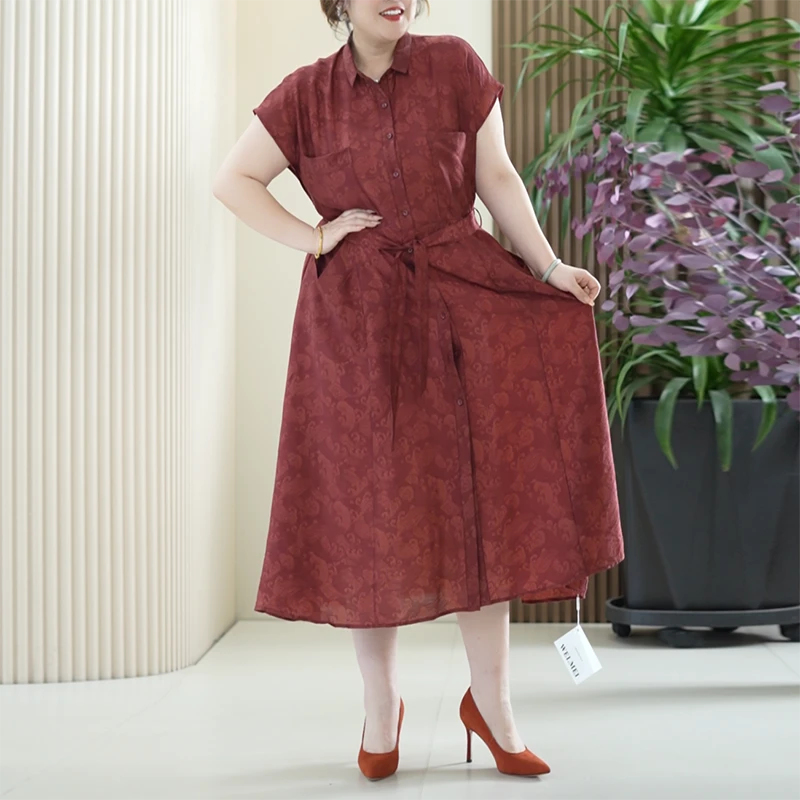 祥云图腾提花天丝麻短袖连衣裙A字大摆型夏季大码中长款开衫女潮