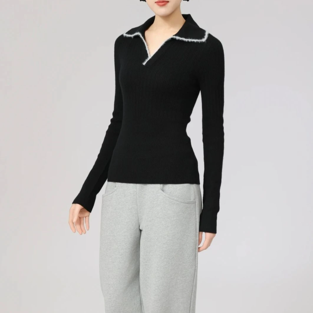 AMASS/阿玛施 早秋冬气质优雅V领大翻边修身打底针织上衣5399635