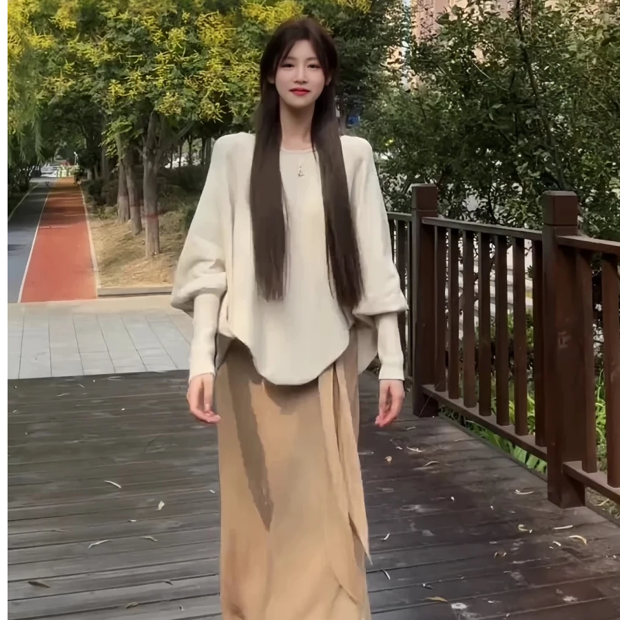 秋季慵懒风开衫宽松型气质女薄款毛针织衫毛衣百搭时尚套装-1595