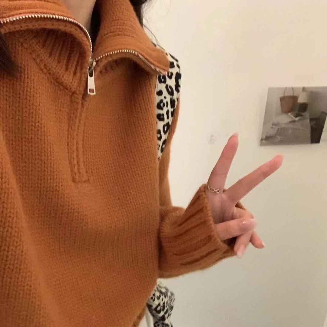 T1999 设计感半拉链翻领套头毛衣女橘色新款韩系立领气质针织衫