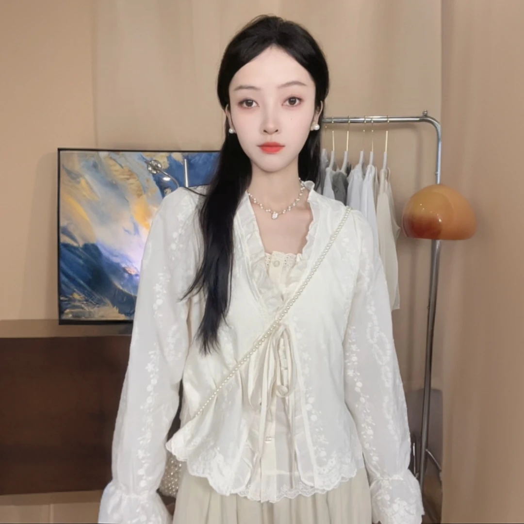 【长袖/短袖】韩系木耳边V领系带衬衫2025春季新款宽松上衣女7017#