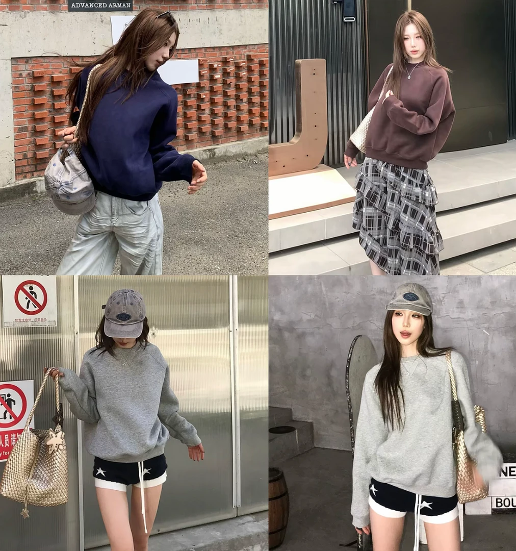 ins风早秋卫衣女简约百搭倒三角基础套头拼接落肩慵懒风情侣上衣