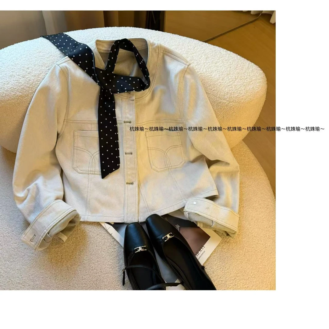 新款小香牛仔外套带波点丝巾上衣2808