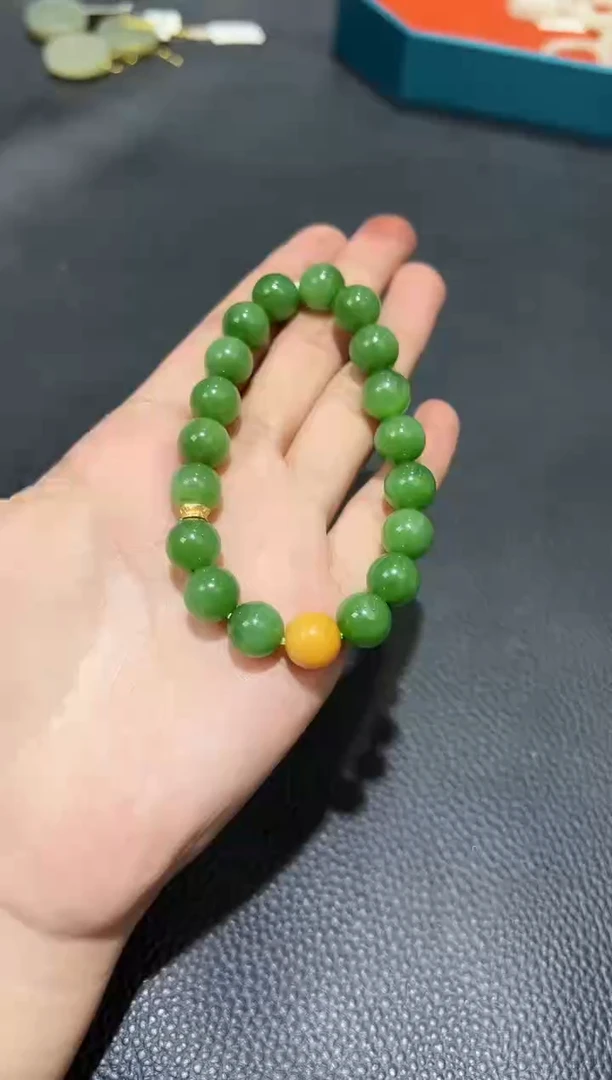 和田玉18K金镶嵌吊坠(赠链)俄料白玉卡10圆珠手串 百搭