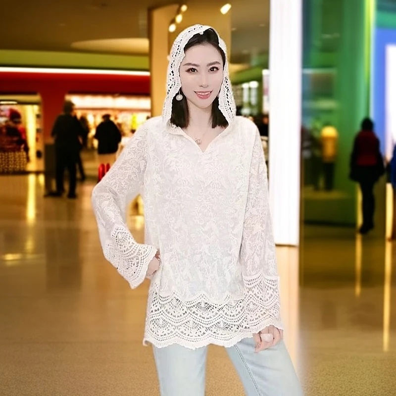 白色钩花蕾丝拼接连帽针织衫大码女春秋慵懒风宽松中长款打底上衣