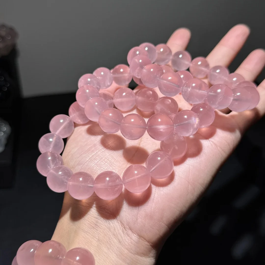 天然马达加斯加粉水晶手串女款果冻珠马粉手链冰种芙蓉多样性发一