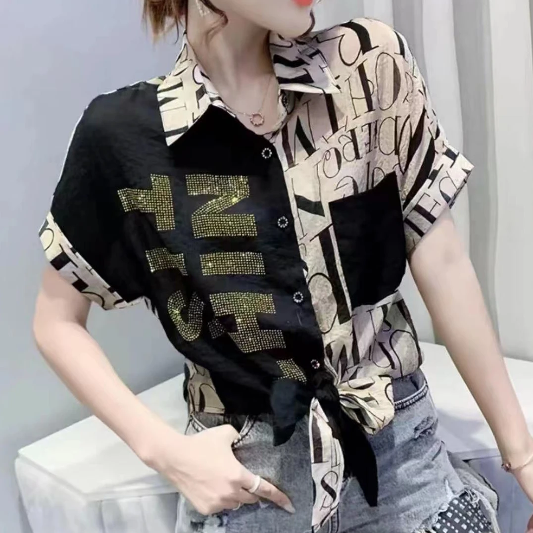 578夏季复古字母拼色短袖衬衫女小个子气质显瘦洋气百搭绑带大码