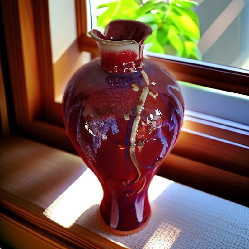 高温窑变自然流釉古典陶瓷旗袍插花瓶高36.5厘米直径15.5厘米