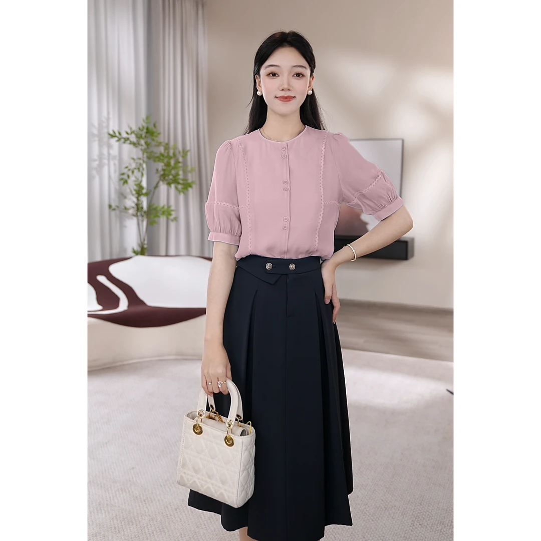 【曼贝】短袖衬衫女时尚百搭设计感职业上衣蜜桃粉8292038-1【琳琳】