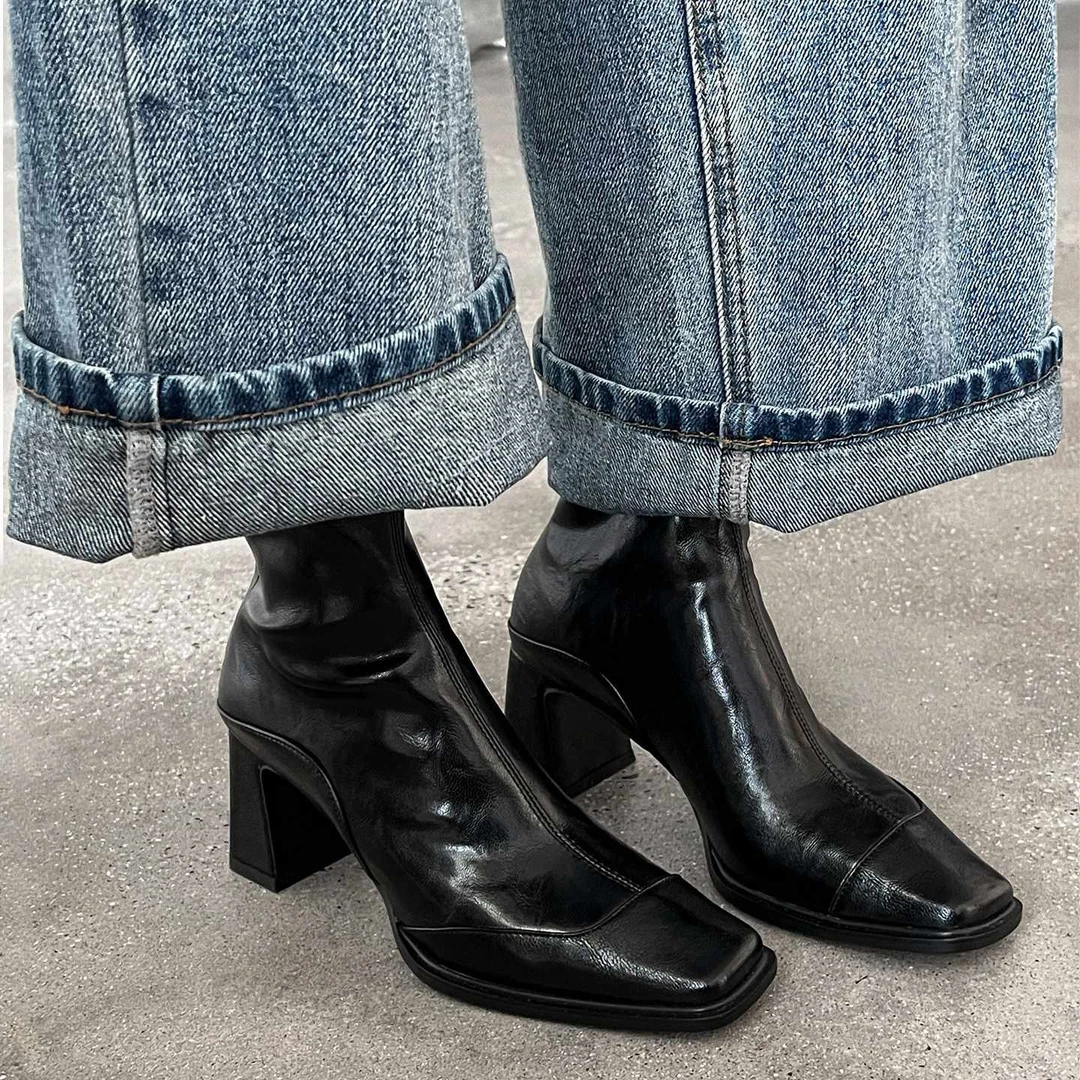 靴子女2025秋季高跟短靴粗跟切尔西靴百搭方头靴子