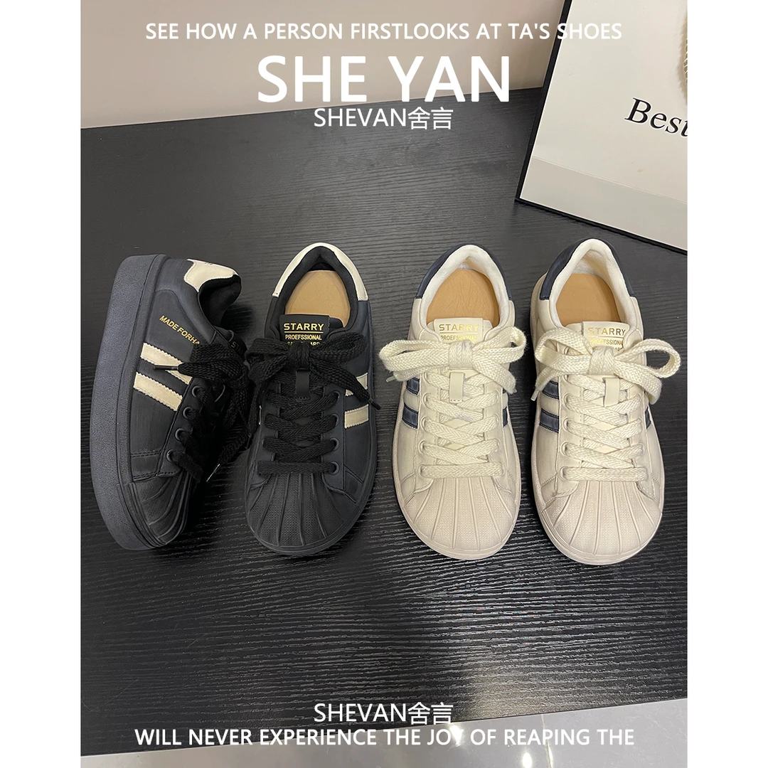 羊皮版~厚底复古擦色贝壳头德训鞋女2025年新款系带拼色休闲板鞋