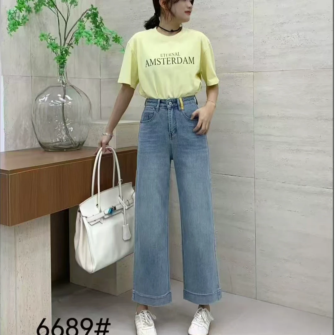 2025春款新品女士阔腿牛仔裤中高腰显瘦修身休闲牛仔裤6689