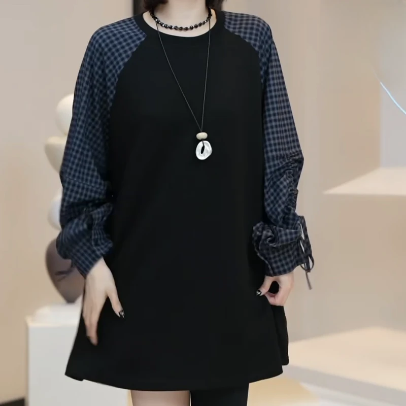 早秋复古拼接格子圆领假两件长袖宽松休闲衬衫LK2506199