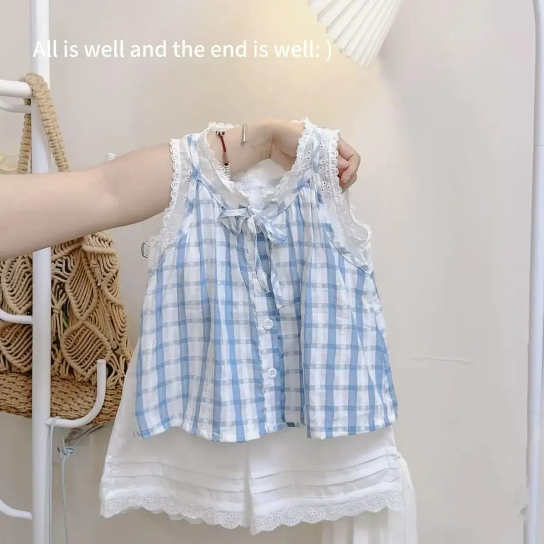 女宝超好看套装夏季2025新款韩系小清新无袖格子上衣蕾丝唯美短裤