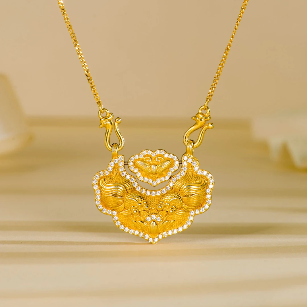 泰光银楼 坠链均925银 锦鲤如意锁项链福运有余套链鎏金新中式