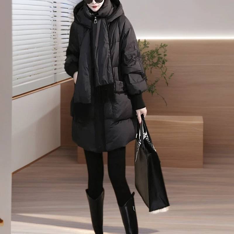 时尚欧版2025年冬季新款设计感围巾连帽保暖宽松棉服