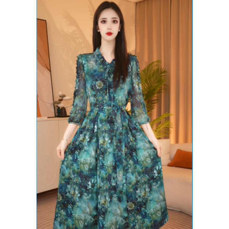 春秋夏显瘦气质时尚绿色连衣裙25A059