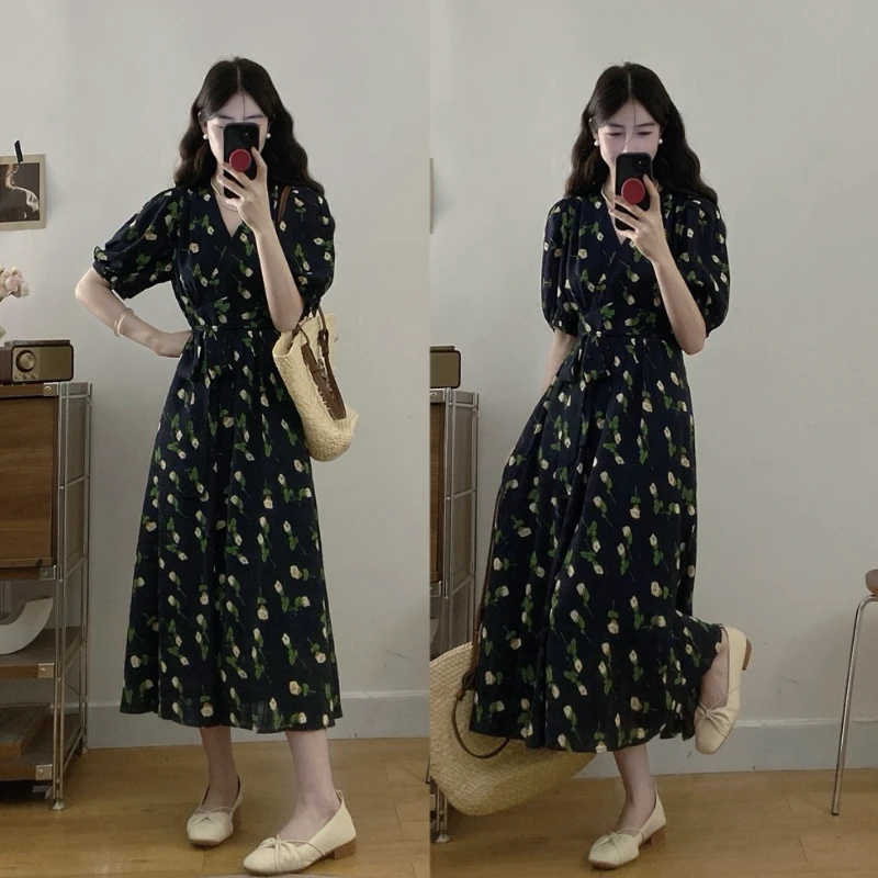 大码【薄荷清凉】夏季新款法式复古气质显瘦V领高级感中长款连衣裙