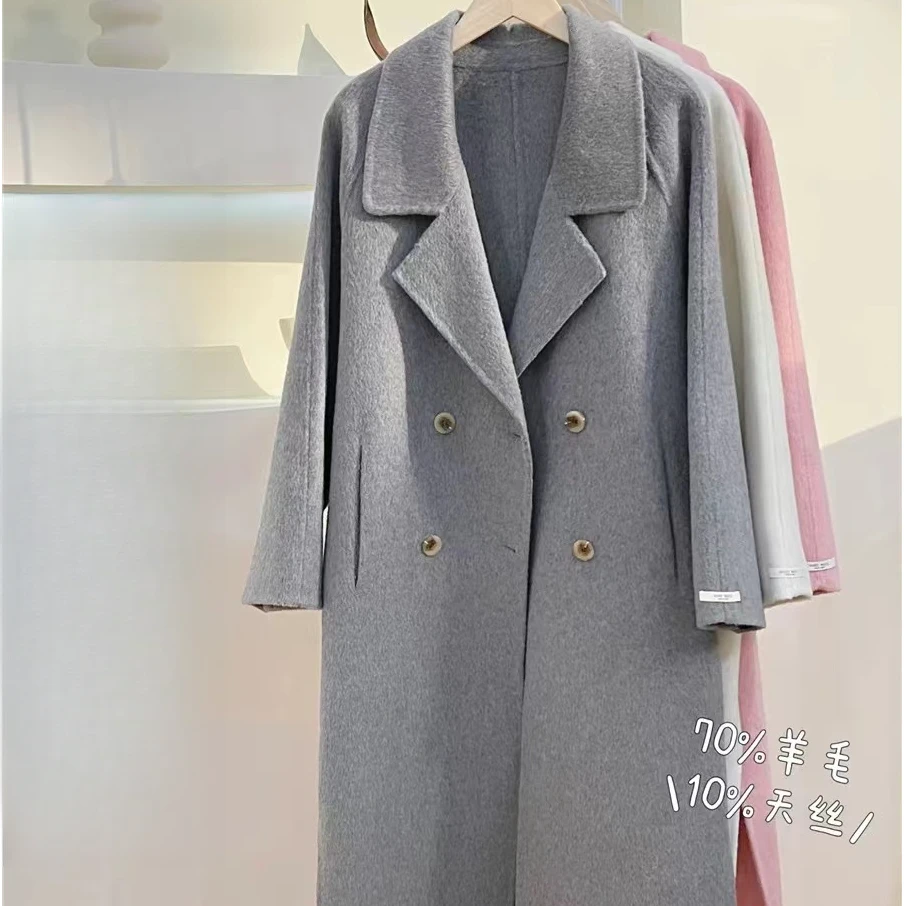 高级感韩系双面呢翻领双排扣长款大衣外套DY02