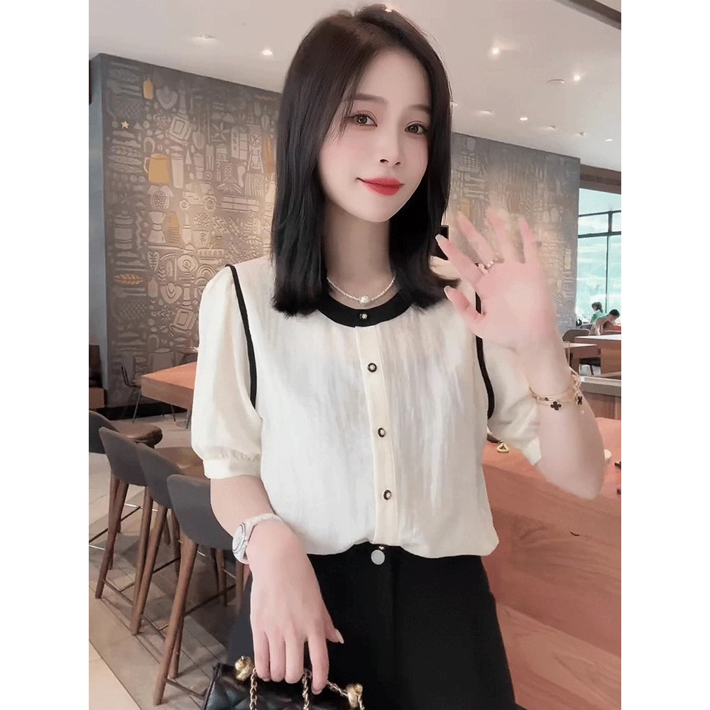 多巴胺2025新款爆款法式撞色气质短袖衬衫夏季时尚漂亮小衫上衣