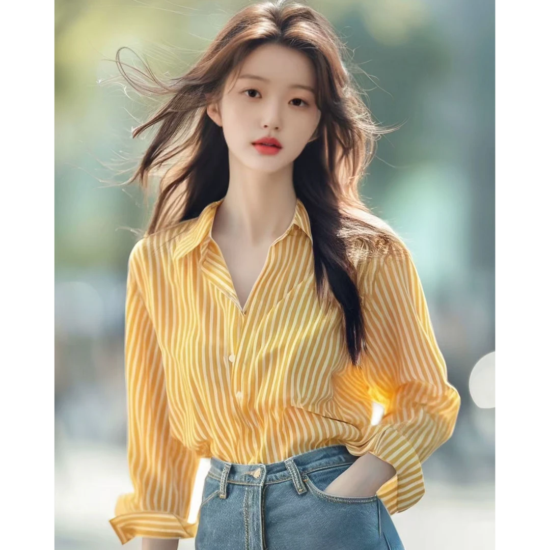 黄色条纹衬衫女轻奢高级感春季新款气质通勤时尚洋气长袖上衣小衫