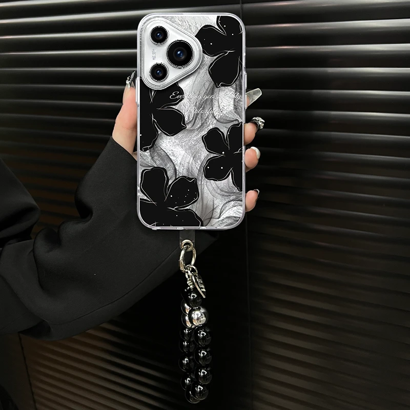 适用【华为pura70】黑色花朵ins风个性冰川纹网红创意防摔手机壳女