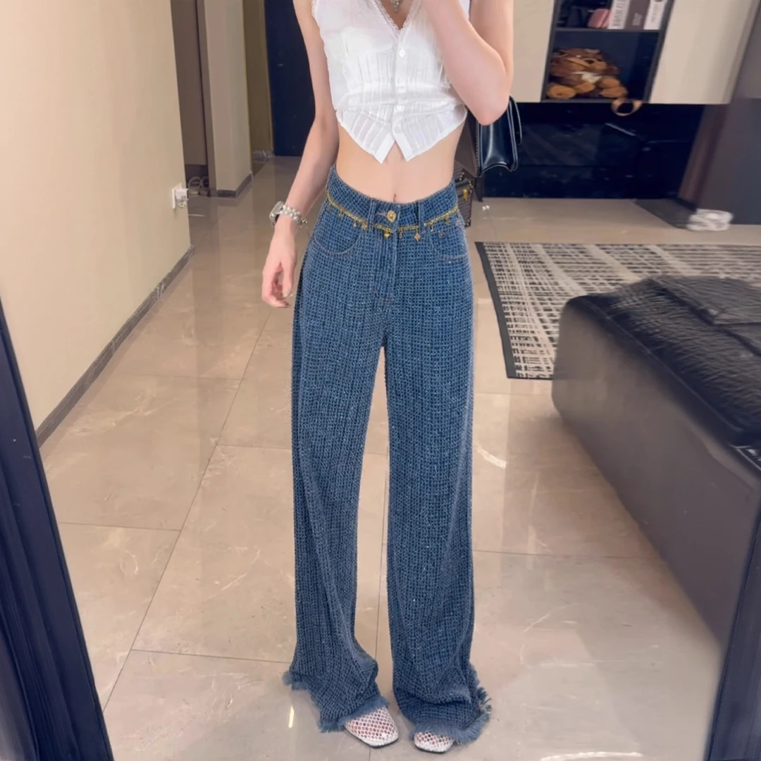 蓝色气质小香风毛边阔腿牛仔裤女2025秋季新款高腰链条直筒拖地裤