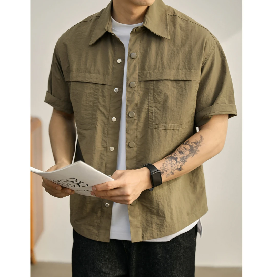 奥兰德保罗复古拼接工装翻领短袖衬衫男夏季轻薄透气速干潮流衬衣