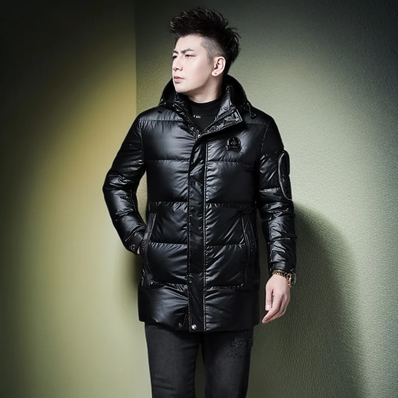 维斯克纳时尚休闲新款羽绒服男连帽中长款青年潮牌亮面休闲冬季装