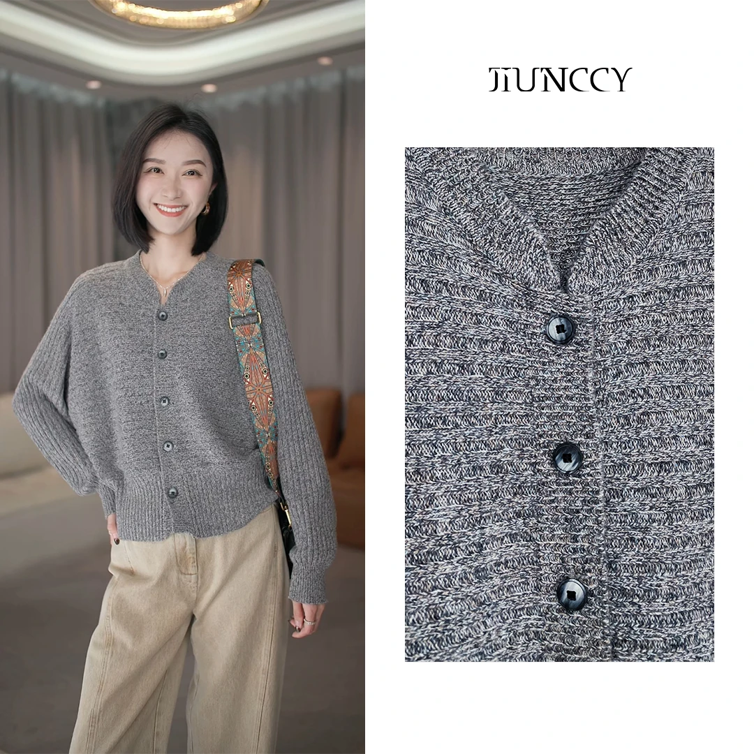 JIUNCCY【平川】100绵羊毛花纱中式领坑条蝙蝠袖针织开衫 42ZZ137